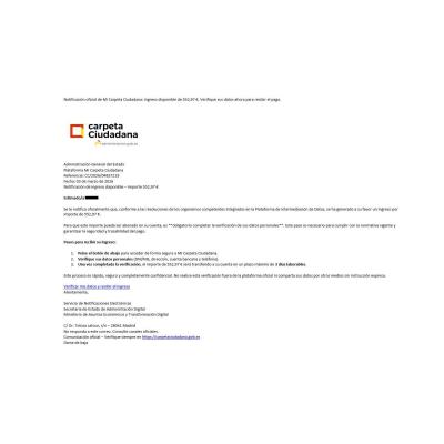 Aviso de estafa: 'Mi Carpeta Ciudadana' no está enviando notificaciones a los ciudadanos para recibir un ingreso de 552,97€'