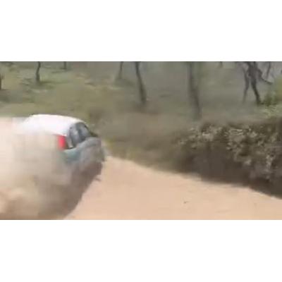 Vídeo del momento en el que un coche que participaba en el rally III Tramo de Tierra Villa de Cintruénigo se sale del recorrido, choca y comienza a arder